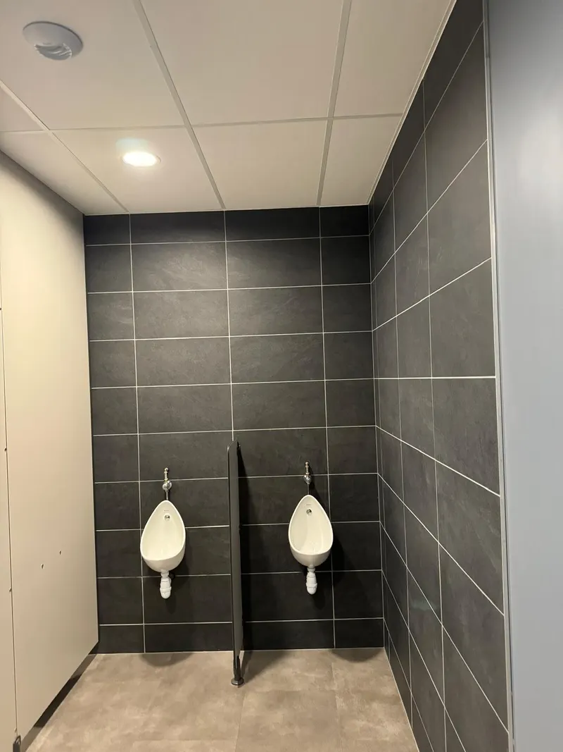 Sanitaires : faïence murale anthracite sur toute la hauteur, sol carrelé clair.